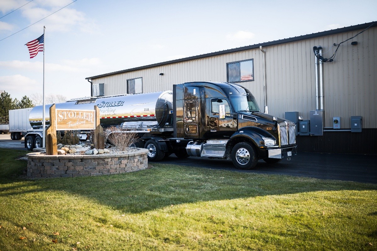 A Stoller Trucking truck parked outside their Wisconsin freight trucking facility.