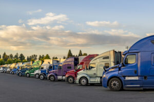 A line of semi trucks